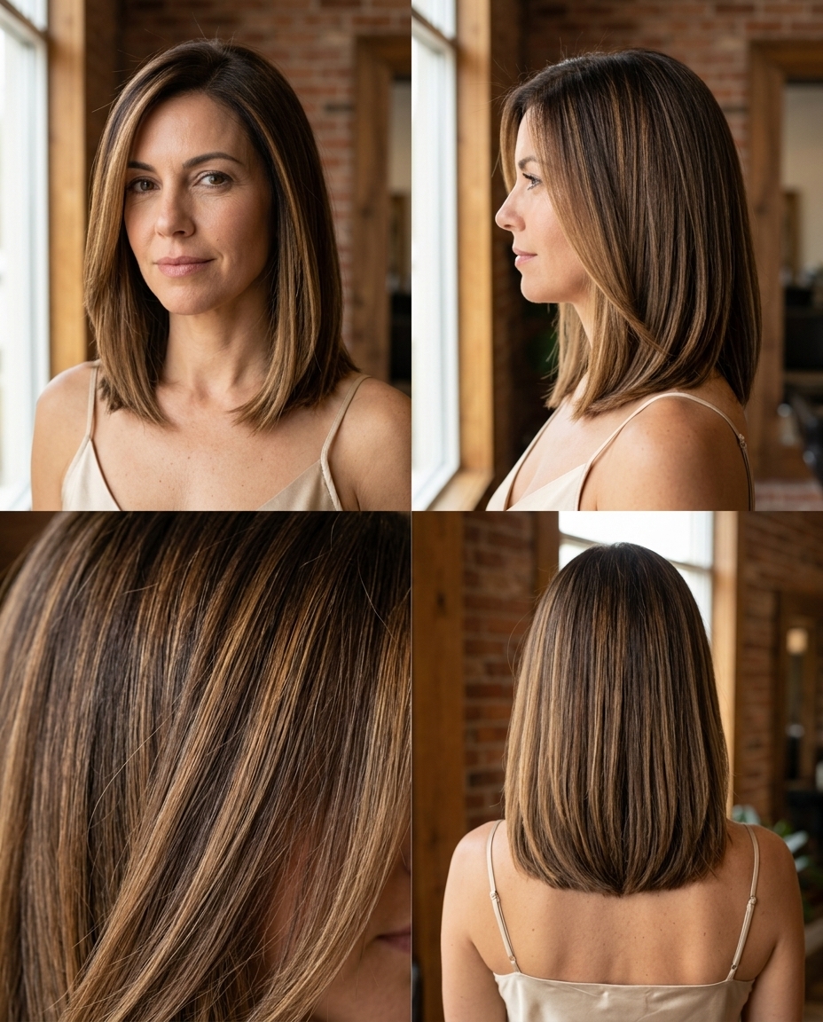Caramel Ribboned Lob: Espresso Brunette 2026 collarbone-length lob haircut with espresso brunette & caramel ribbon balayage, blunt perimeter, no bangs — sophisticated