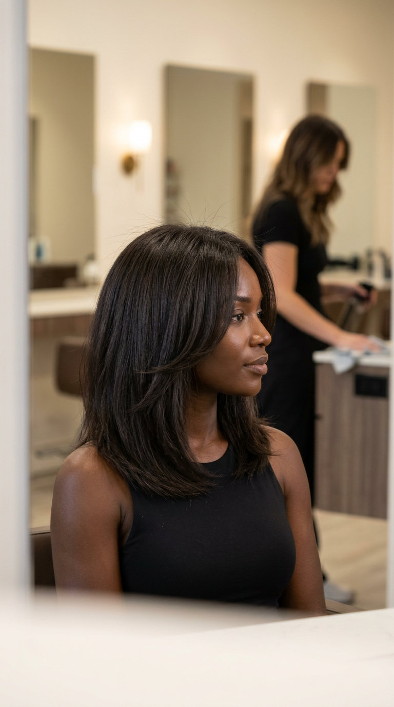 collarbone-length textured haircut with espresso martini brunette & ash lowlights, point-cut layers for sophisticated chic