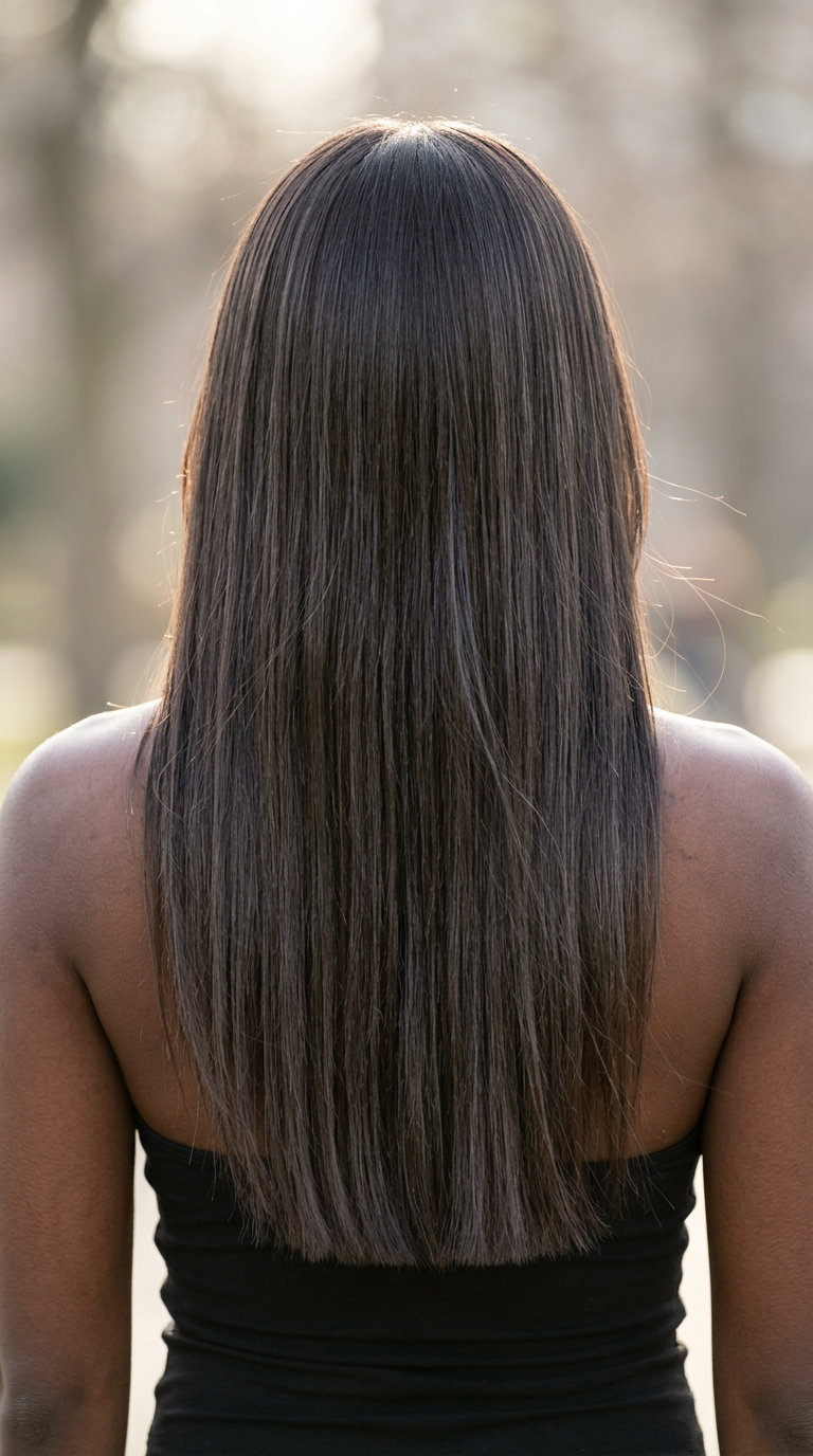 extra-long textured haircut with deep espresso, cool ash lowlights, and sleek finish for sophistication