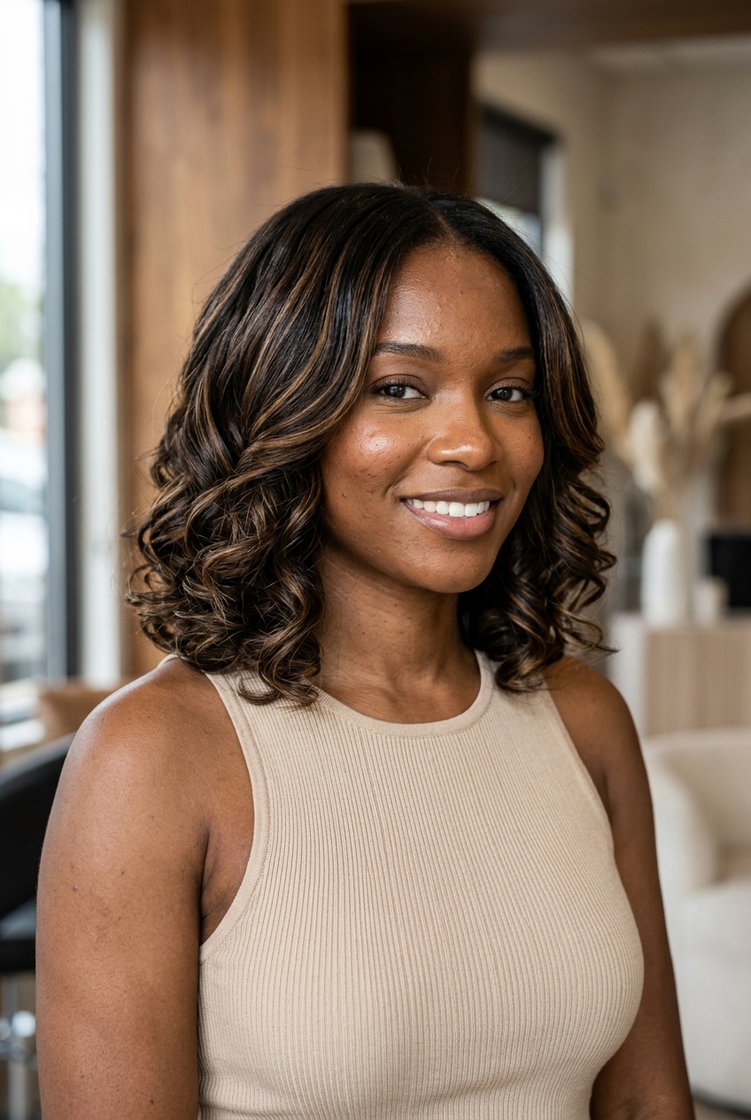 Sophisticated Summer Haircuts 2026: Polished Lob chin-to-shoulder curly haircuts with espresso glaze, high-gloss finish, blunt lob — sophisticated summer look