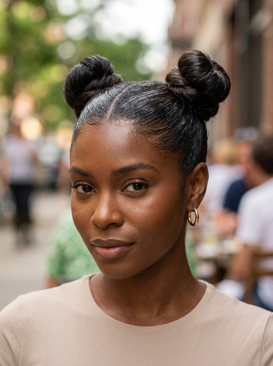 Sleek Space Buns in Espresso Gloss - Summer 2026 long espresso gloss sleek space buns with center part for summer