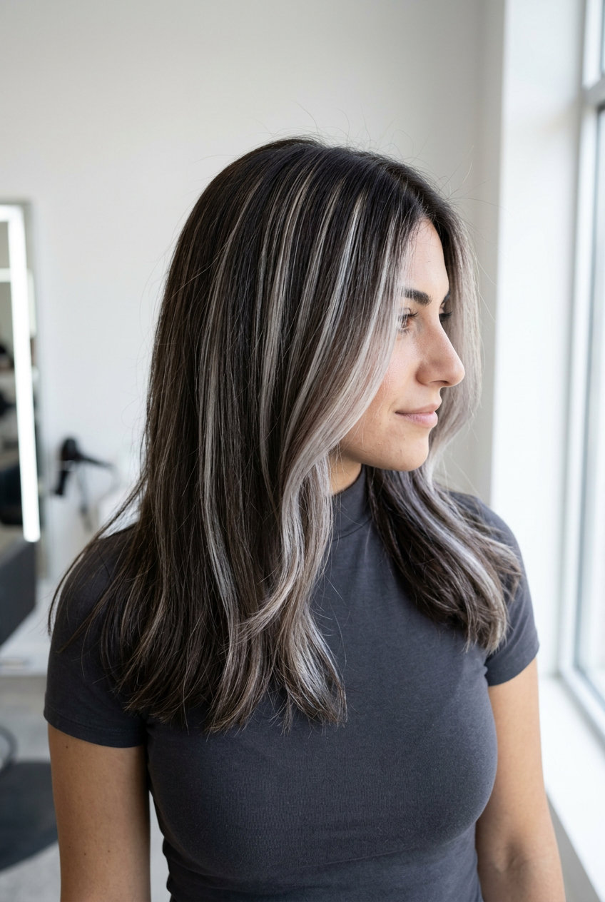 long blunt cut espresso pearl highlights with ash blonde, full head foilyage, no fringe — bold evening event