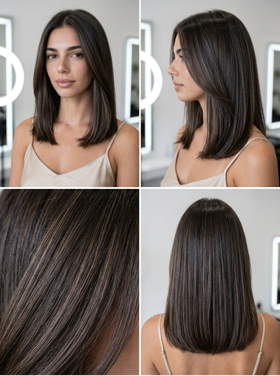 long espresso brunette with cool ash micro-highlights, blue-based gloss, glass hair finish — professional summer hair color ideas 2026