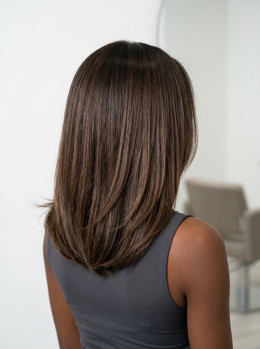 long espresso martini brunette with cool brown shadow root, subtle mocha highlights, glass hair finish — sophisticated summer hair color ideas 2026