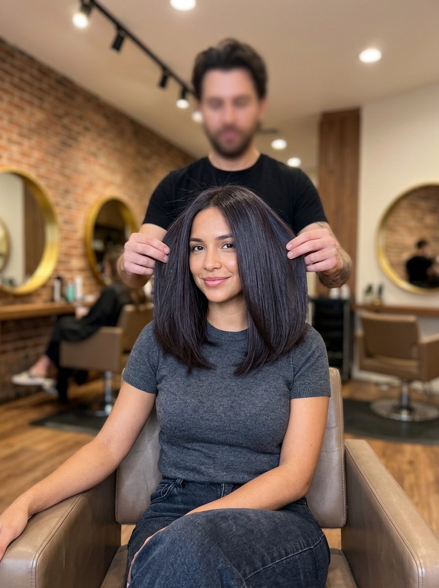 long deep espresso brunette with single-process color and glass hair finish for professional