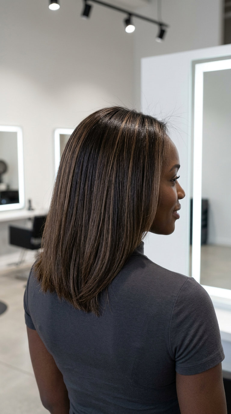 long layered haircut with rich espresso reverse balayage highlights and chocolate brown lowlights, for evening