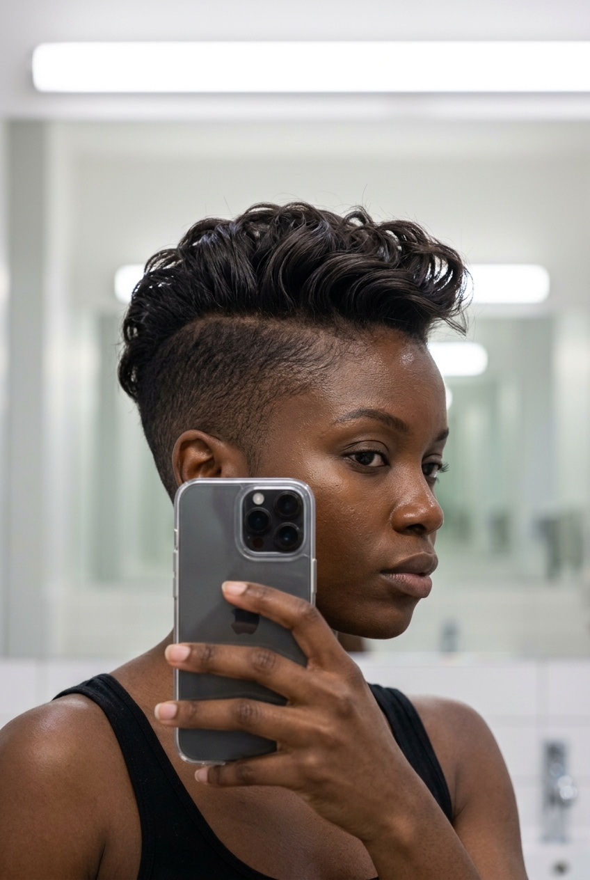 long layered wavy haircut in deep espresso brunette with sculpted waves and undercut — edgy festival look