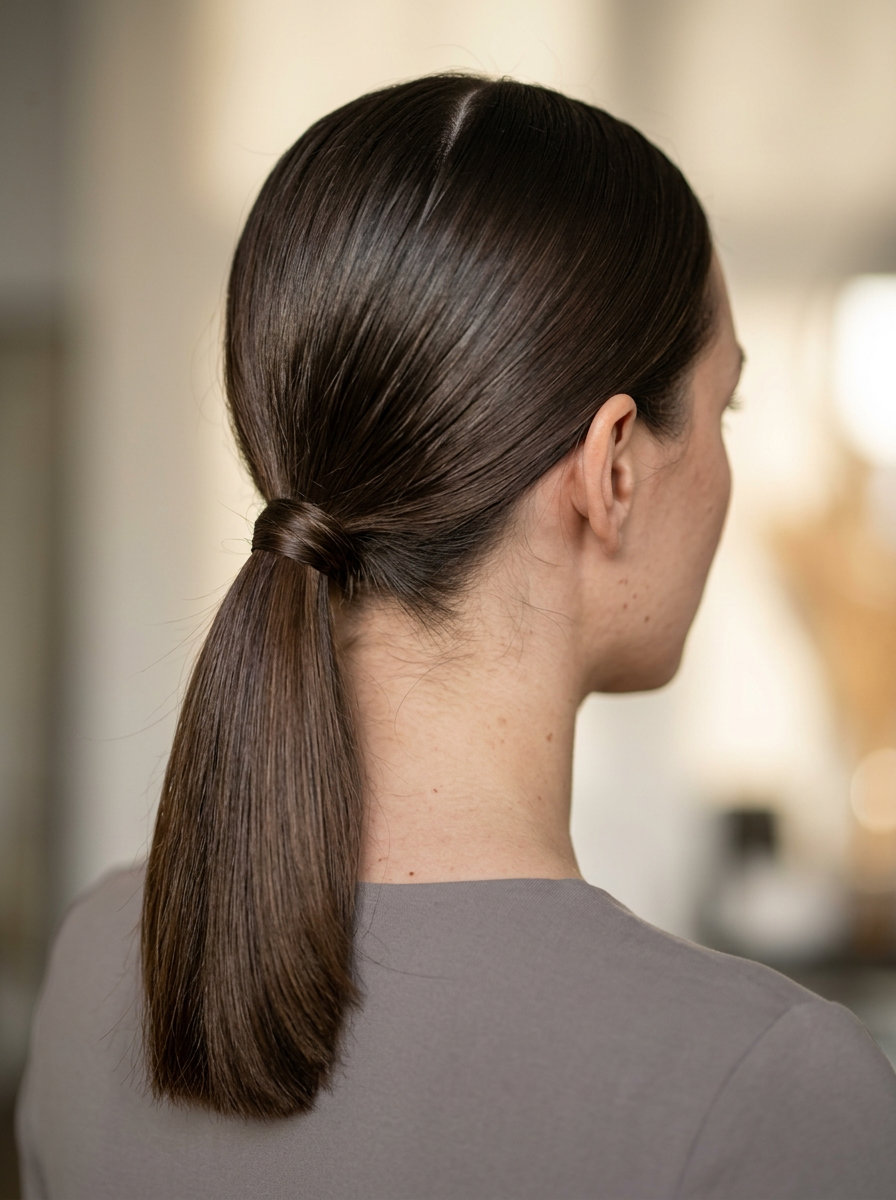 long espresso brunette sleek low ponytail with glass hair finish for professional events