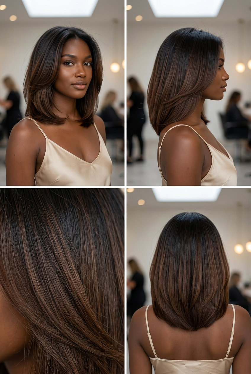 long espresso shadow root with chocolate brown, root smudge, no fringe — sophisticated daily wear