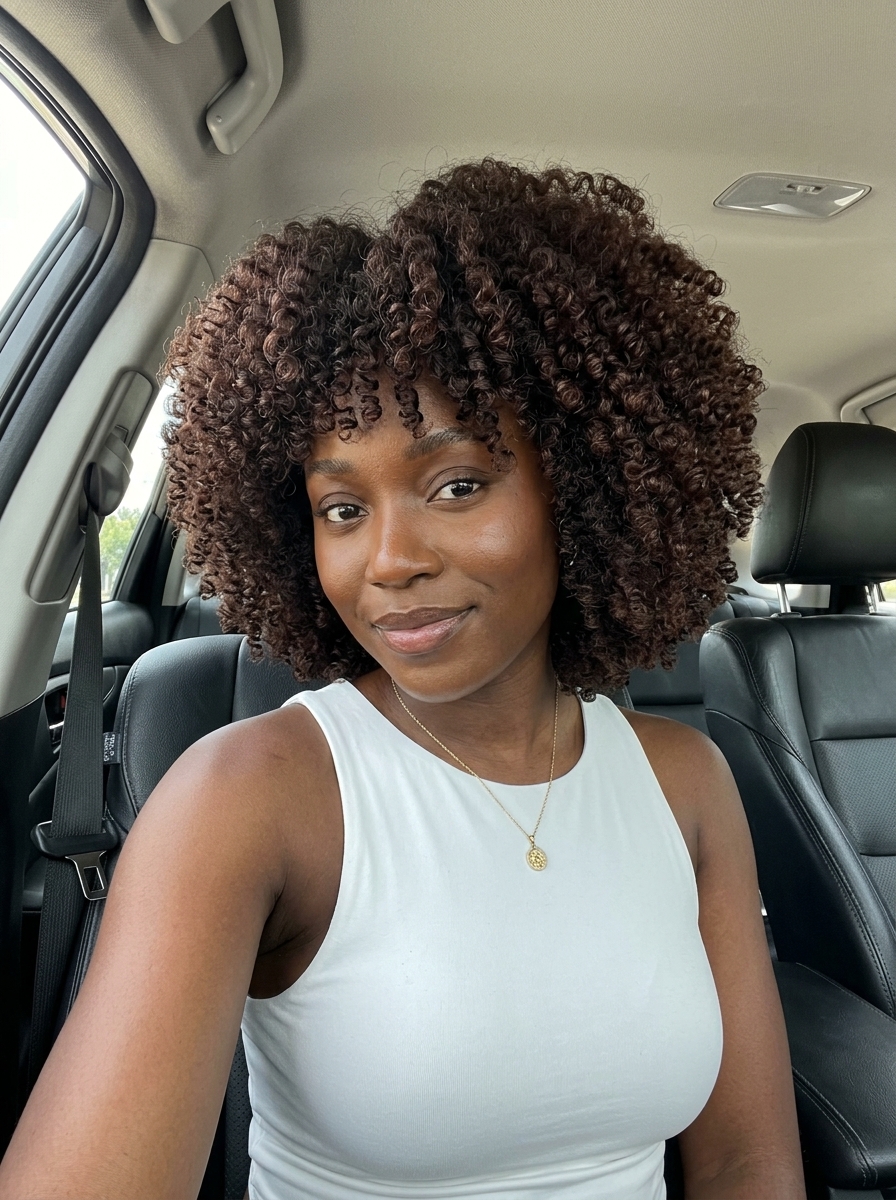 Playful Summer Haircuts 2026: Radiant Halo Cut medium curly haircuts with espresso, mahogany undertones, rounded shape — playful summer look