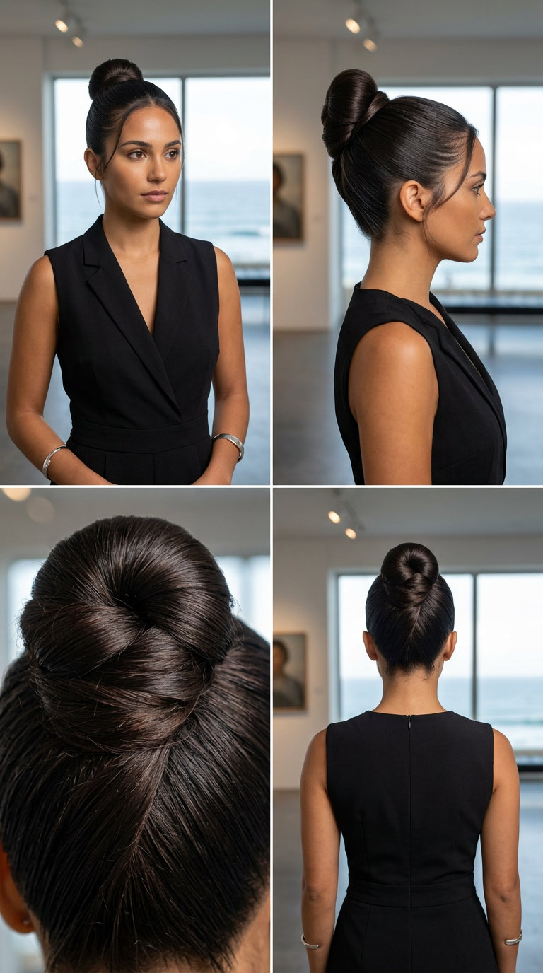 Sophisticated High Bun Hairstyle 2026 long sleek high bun with architectural twist, espresso martini color, sophisticated mood