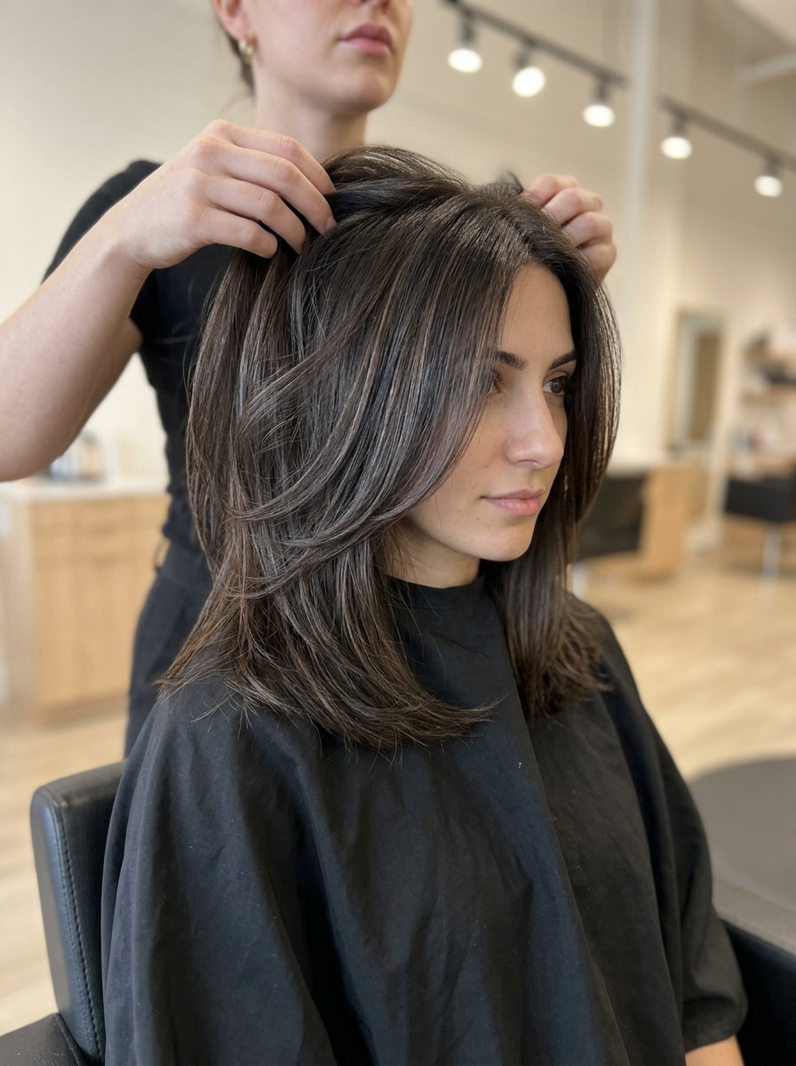 short espresso martini brunette with cool mocha highlights, subtle highlights for sophisticated polish