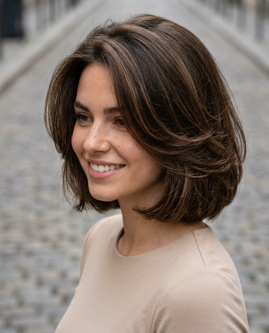 medium layered haircuts with espresso brunette & caramel lowlights, chunky internal layers, blunt perimeter — romantic effortless