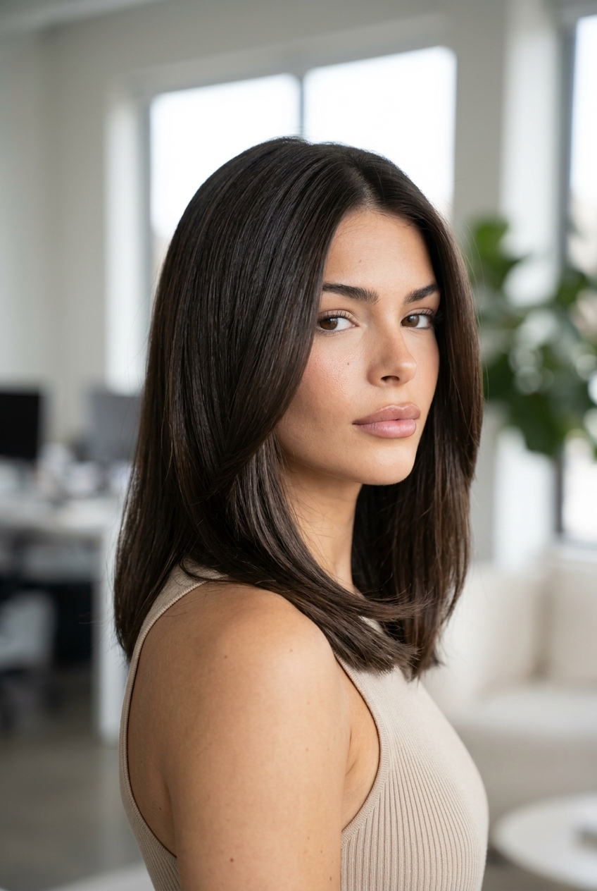 medium layered haircuts with espresso roast brunette, internal layers, blunt perimeter — professional sleek