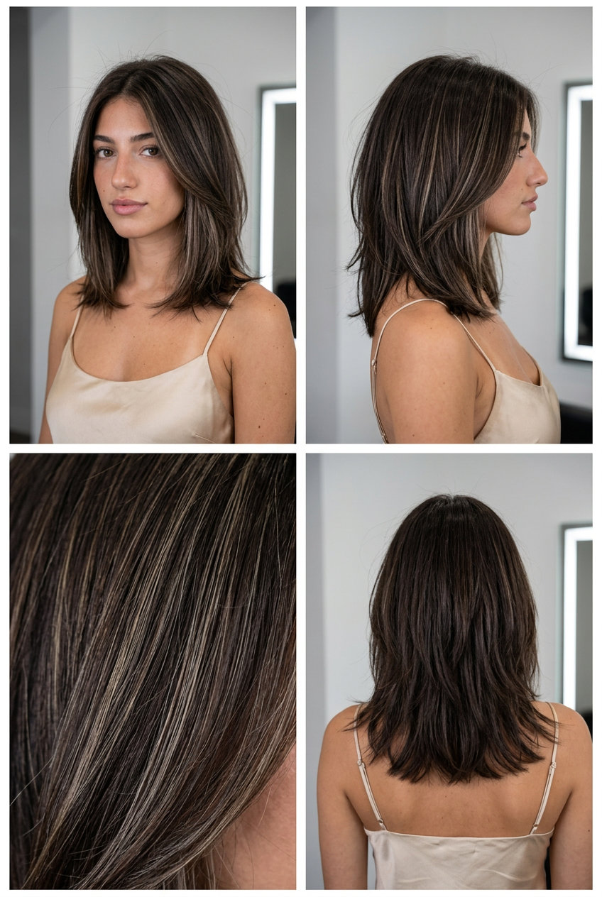 medium espresso shag hair color with cool blonde micro-lights, textured layers for concert
