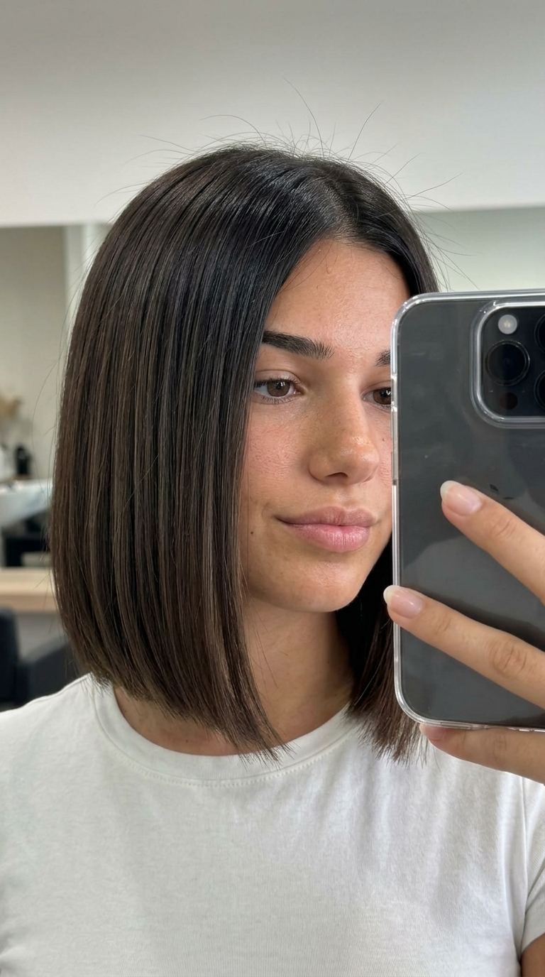 chin-length blunt bob with espresso mocha melt, cool undertones, center part for sophisticated look