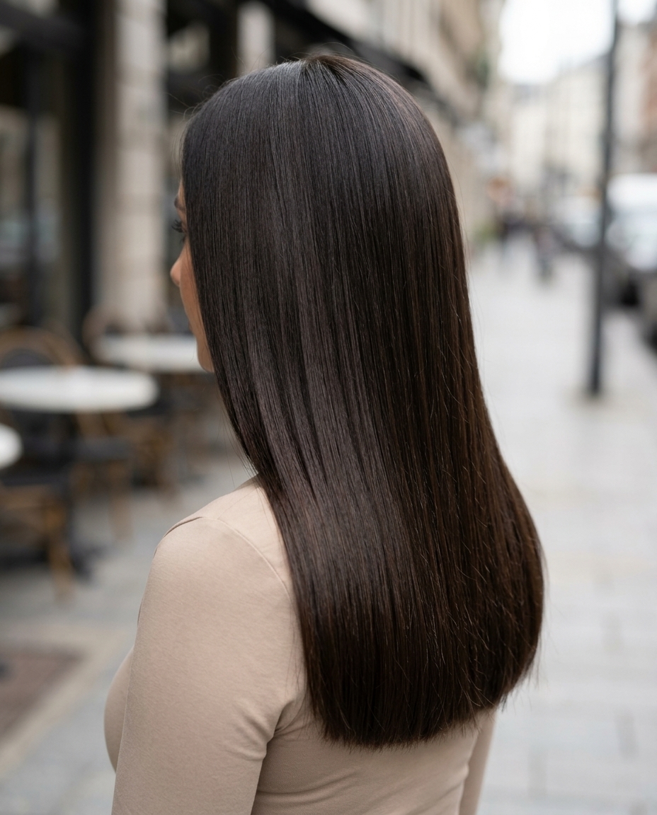 long blunt cut with espresso mocha melt, cool undertones, no bangs for professional look