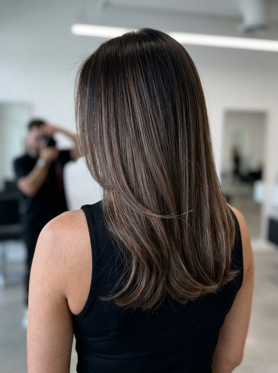 Midnight Espresso Melt 2026: Dramatic Hair Color long layered mocha hair color with deep espresso melt, no fringe — edgy modern style