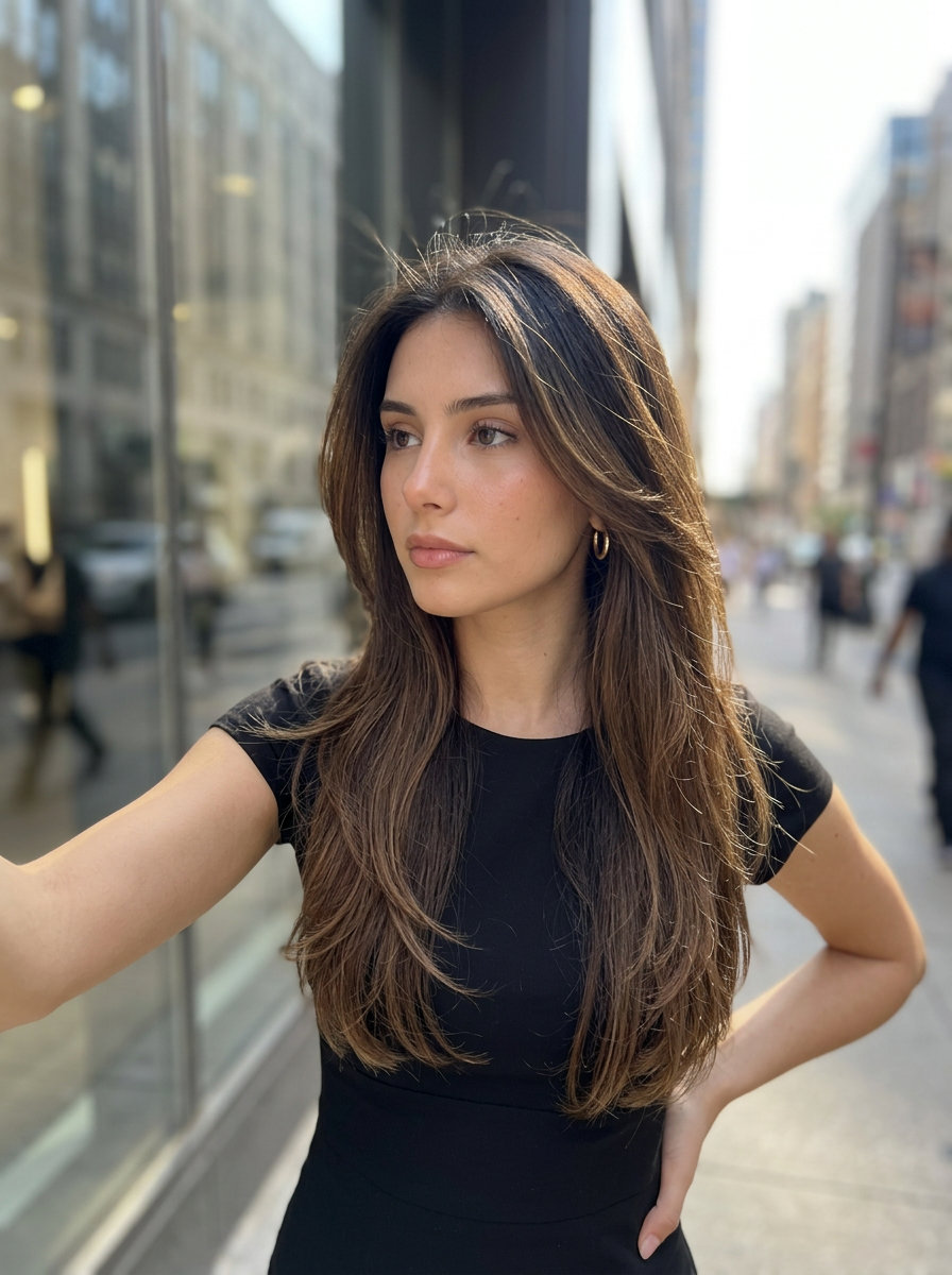 long espresso mocha melt with seamless dark to rich brown blend and face-framing layers for romantic look
