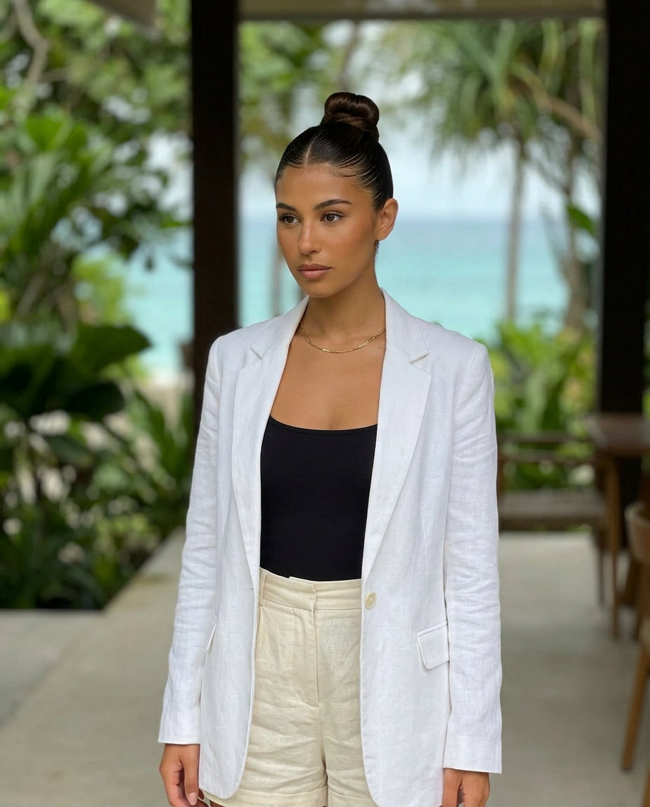 long espresso roast sleek top knot with sharp center part and glass hair finish for summer