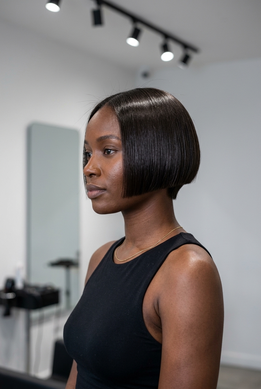 Sleek Espresso Bixie Haircut 2026 short bixie haircut in deep espresso brunette with clear gloss, blunt cut, deep side part for sleek look