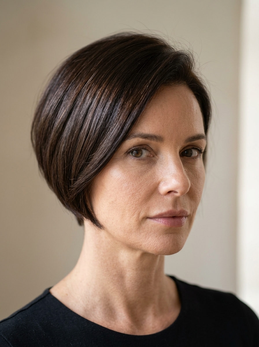 Sculpted Espresso Bixie 2026 short espresso brunette bixie haircut with sculpted lines and side-swept fringe for summer