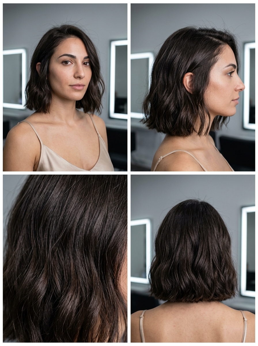 short bob wavy haircut in deep espresso with blunt perimeter and no layers — sleek professional look
