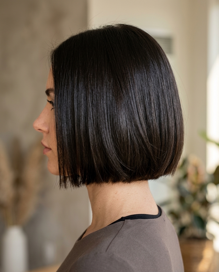short midnight espresso razor bob with blue-black undertones and high gloss — bold chic