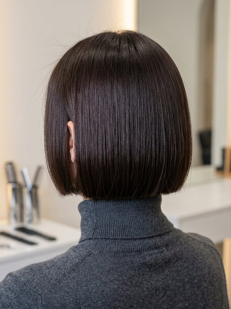 short espresso french bob with cool undertones, perfectly blunt perimeter for professional