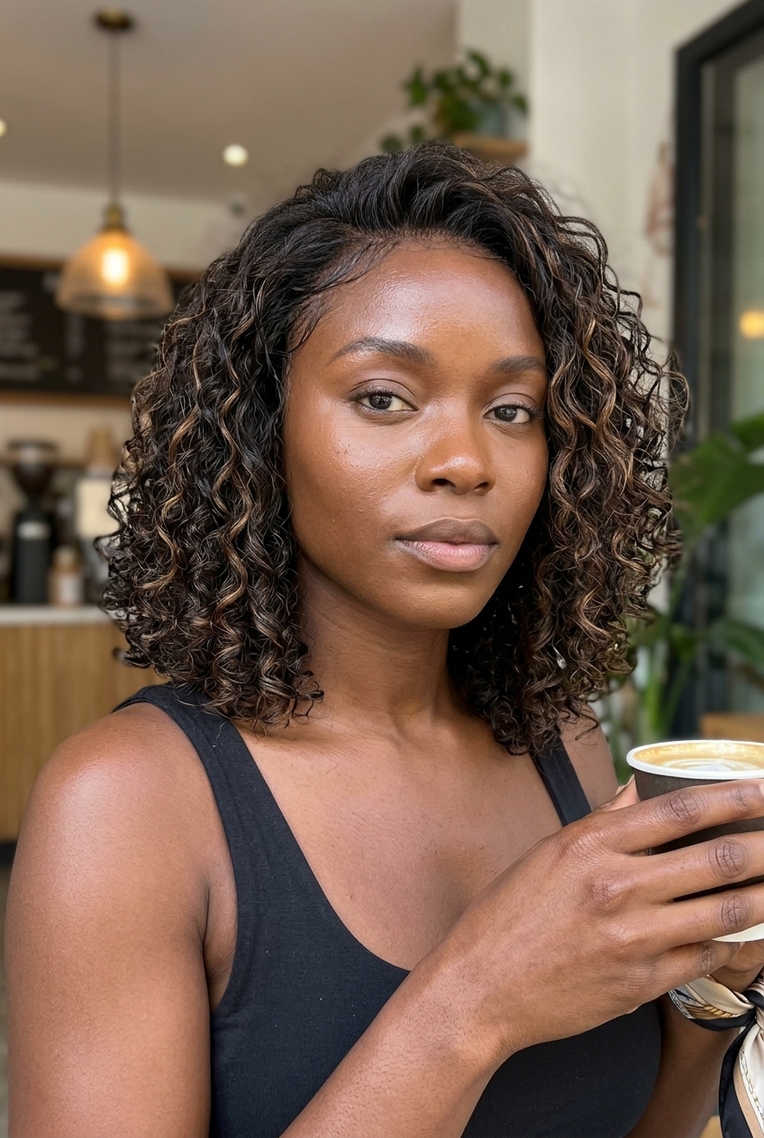 Polished Espresso Curly Bob 2026: Caramel Ribbons shoulder-length curly haircut with espresso brunette, caramel ribbons and blunt cut for office wear