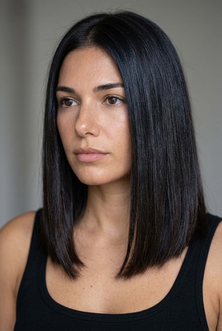 Sophisticated Espresso Lob: Sleek Summer Hair 2026 shoulder-length espresso lob with cool brunette, midnight blue undertones, blunt cut, no fringe — sophisticated sleek