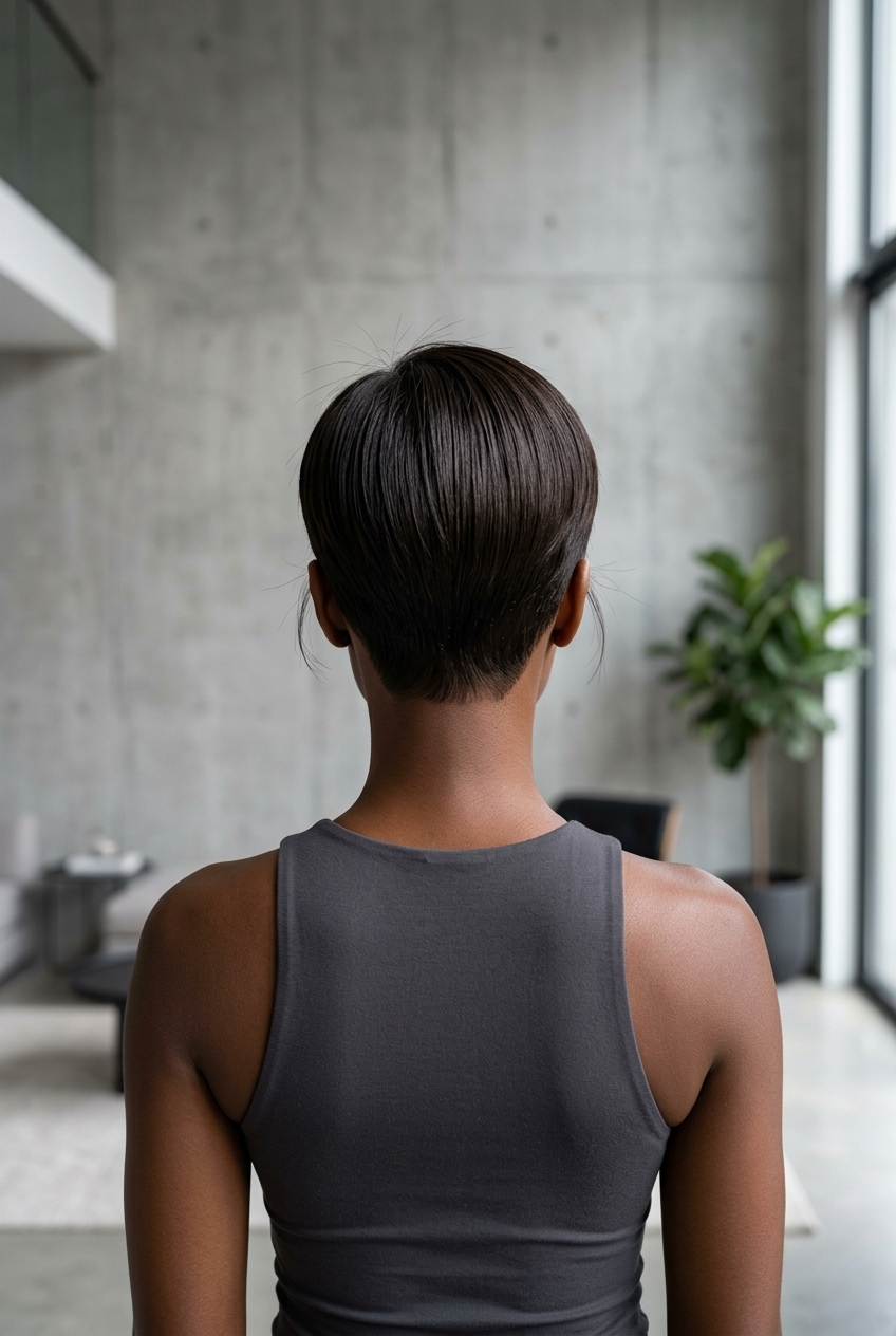very short pixie haircut in espresso with cool undertones, tapered sides, side-swept fringe — professional sleek look