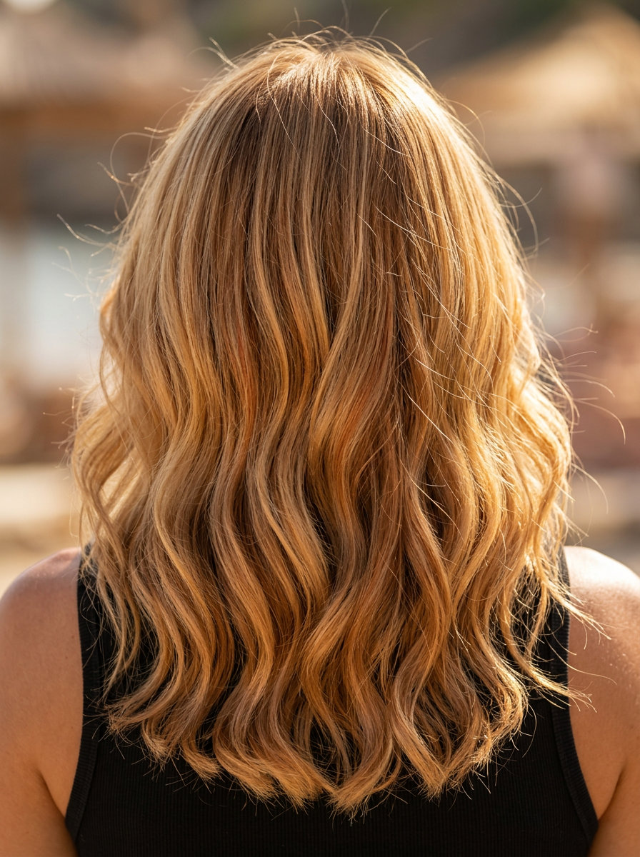 long wavy honey blonde with gilded copper-gold ribbons and caramel lowlights for summer