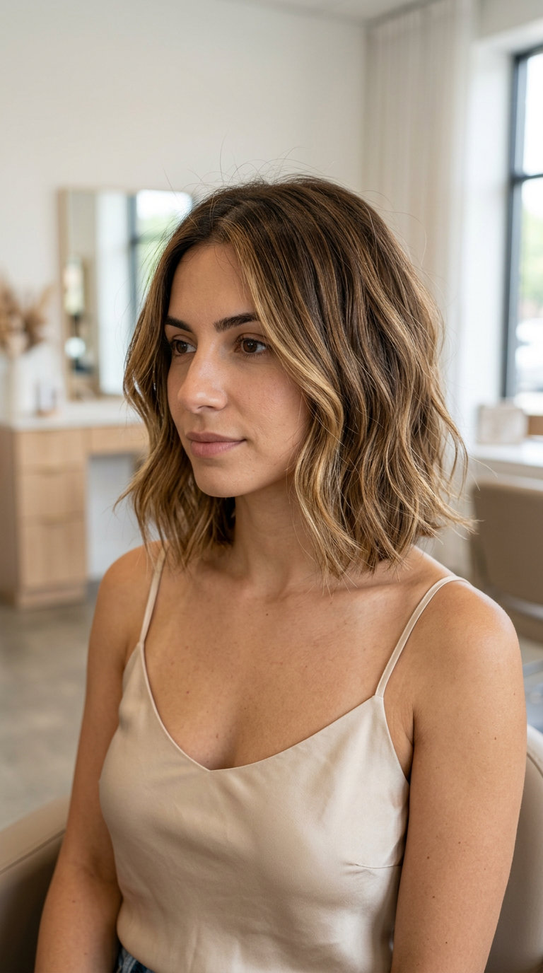 short golden babylights brunette bob with layered ends, natural root for beach day