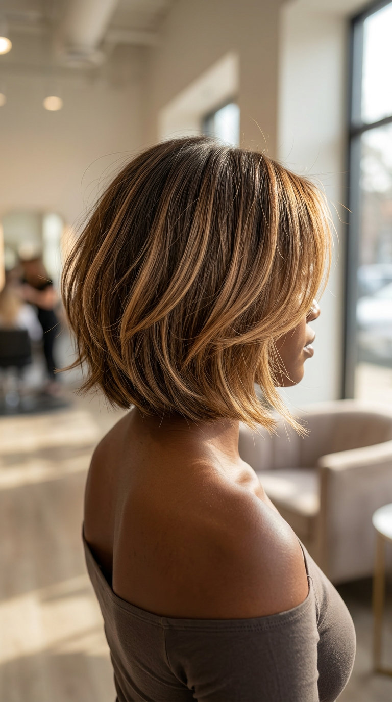 short french bob haircut with golden balayage, soft layers, face-framing layers — soft & natural
