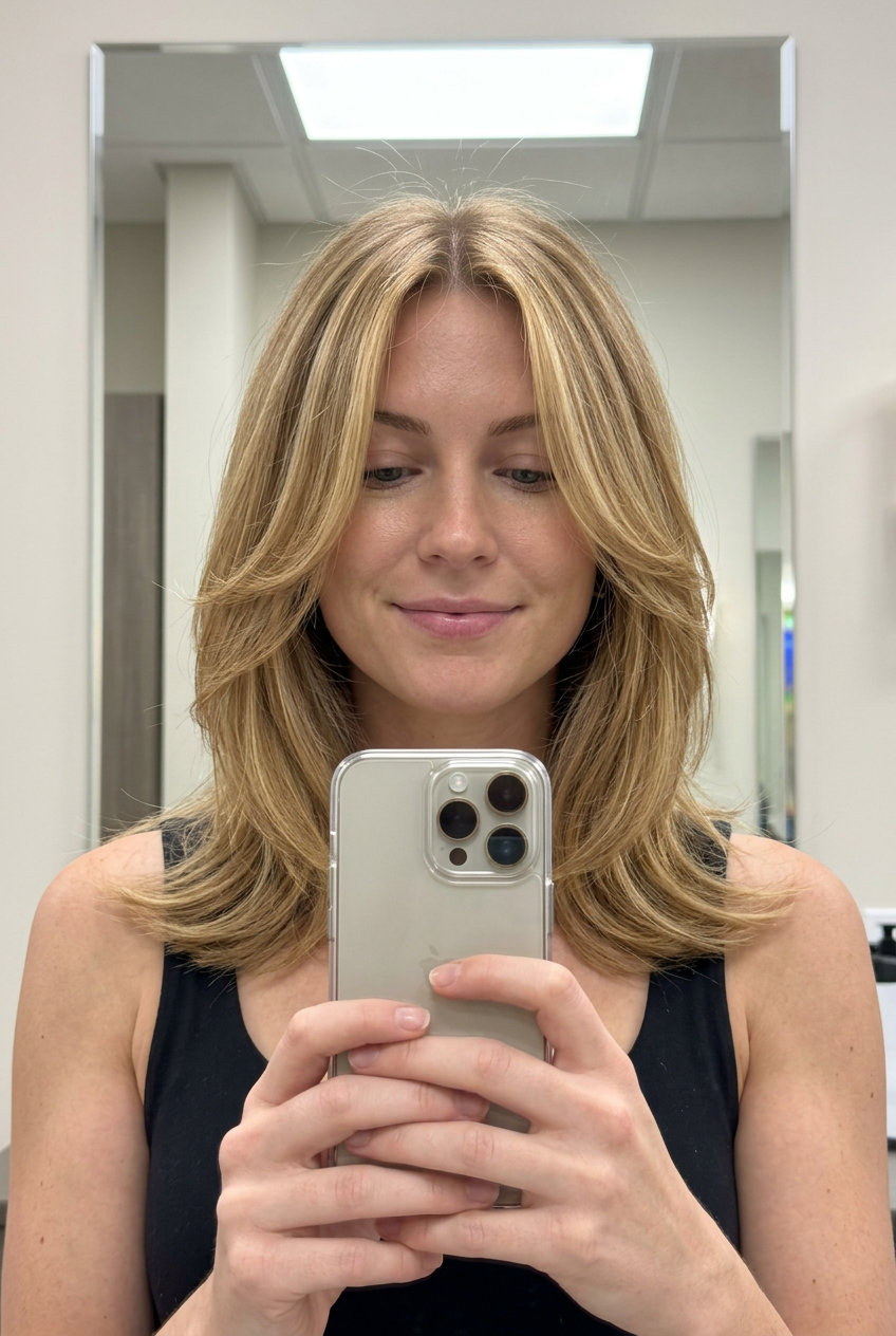 long golden blonde haircut with antique gold and caramel lowlights, teasylights, and root smudge — luxurious