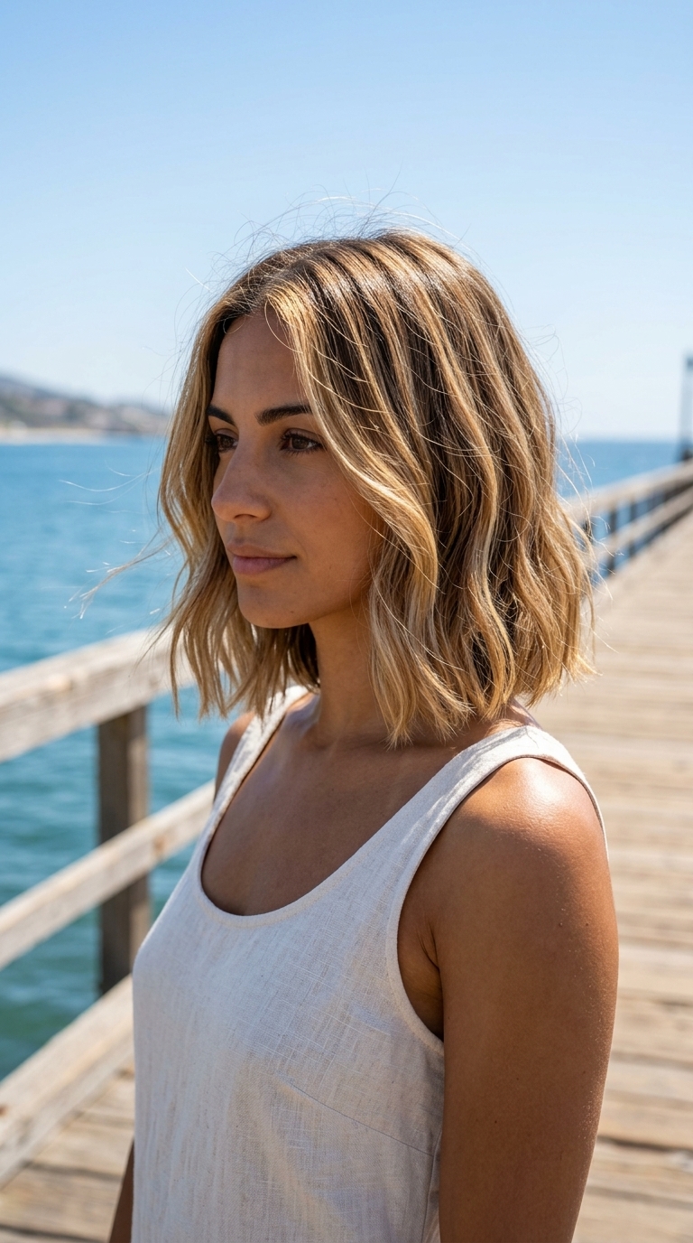 shoulder-length wavy bob haircut in golden blonde balayage on brunette for beach days