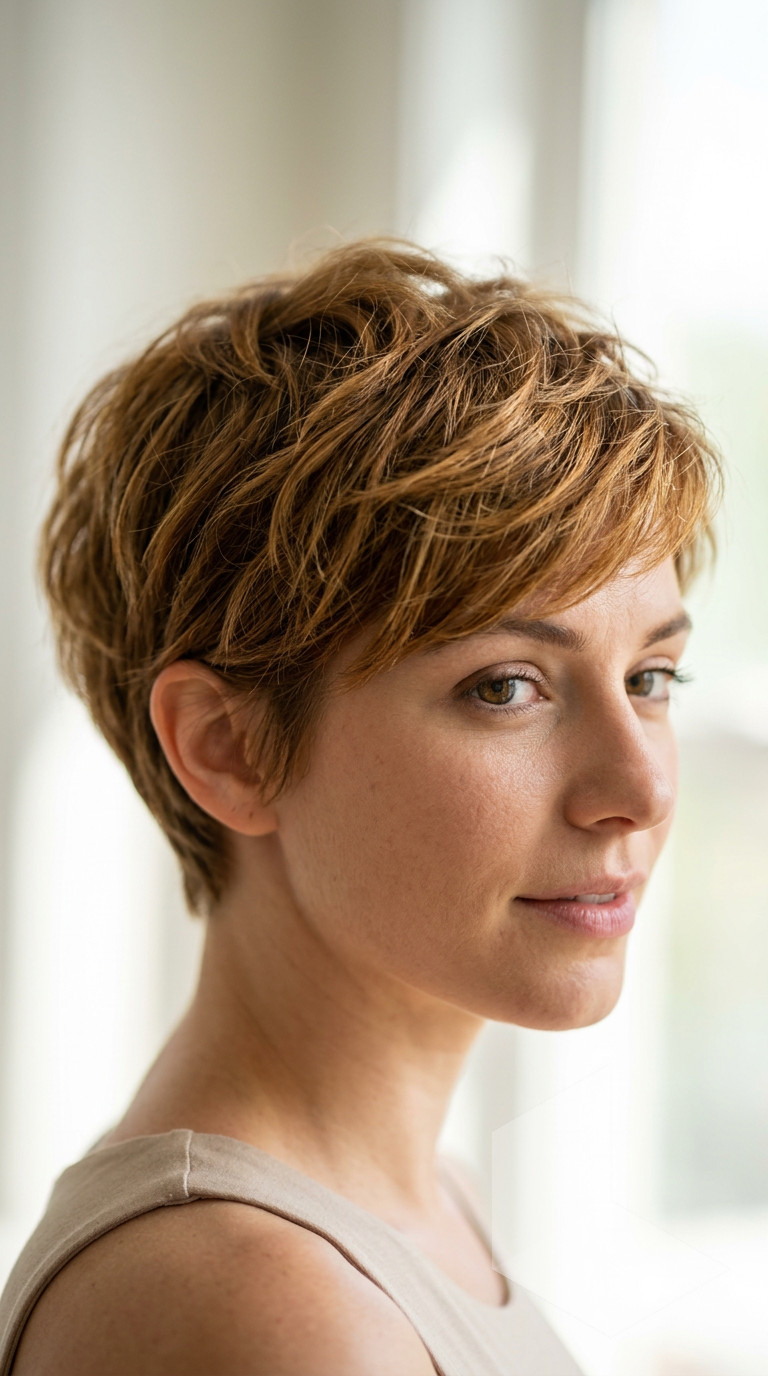 short golden brown pixie haircut with babylights, textured layers, no fringe for summer