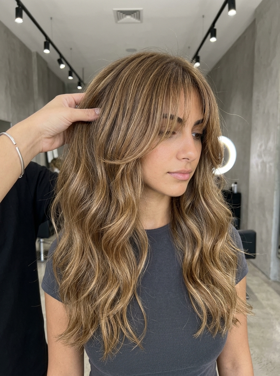 waist-length wavy haircut in natural golden brown with honey balayage, soft layers, and wispy bangs for summer