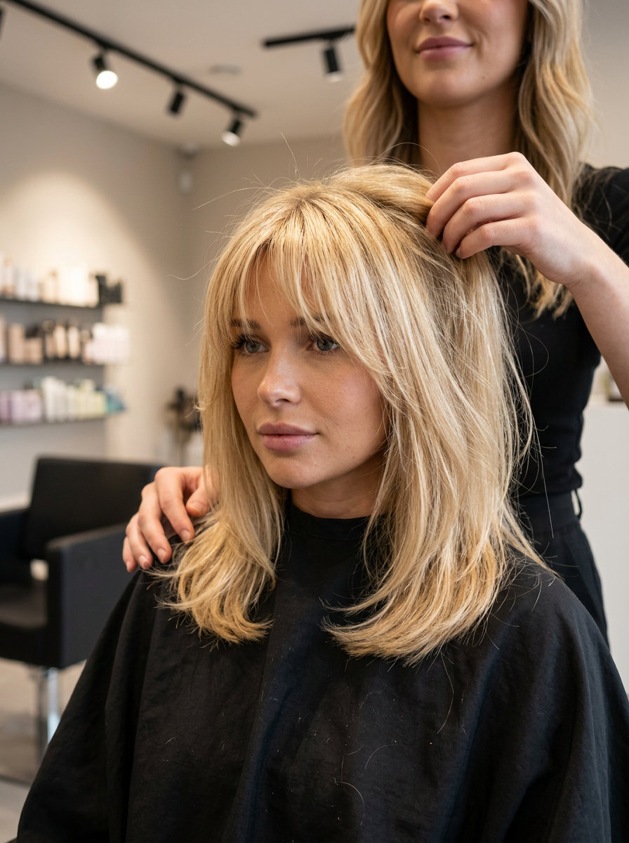 long layered hair with golden-cream blonde, Birkin bangs — romantic chic