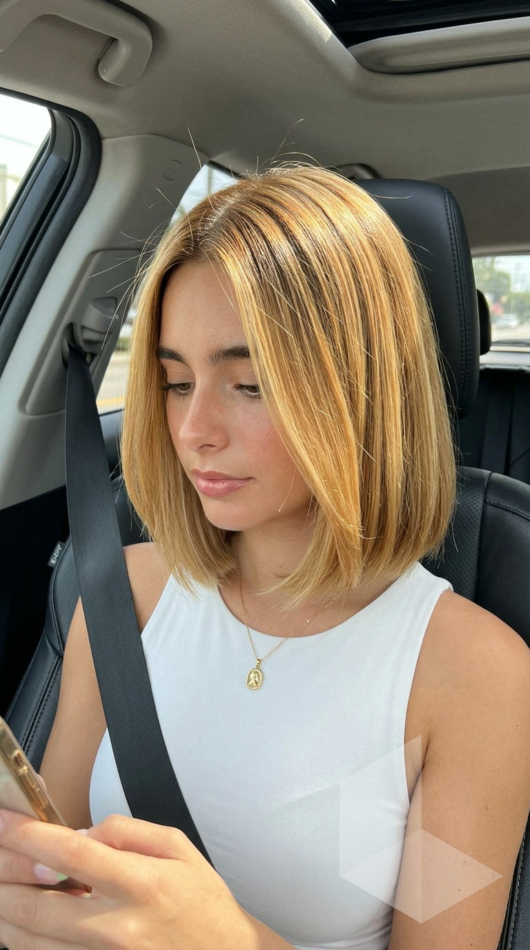 Golden Honey Bob Ombre 2026 chin-length blunt bob ombre with golden blonde to vibrant honey, soft-focus honey technique — polished professional look