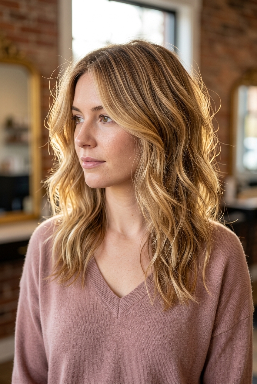 long wavy honey blonde shag with rich golden foilayage and caramel lowlights for summer
