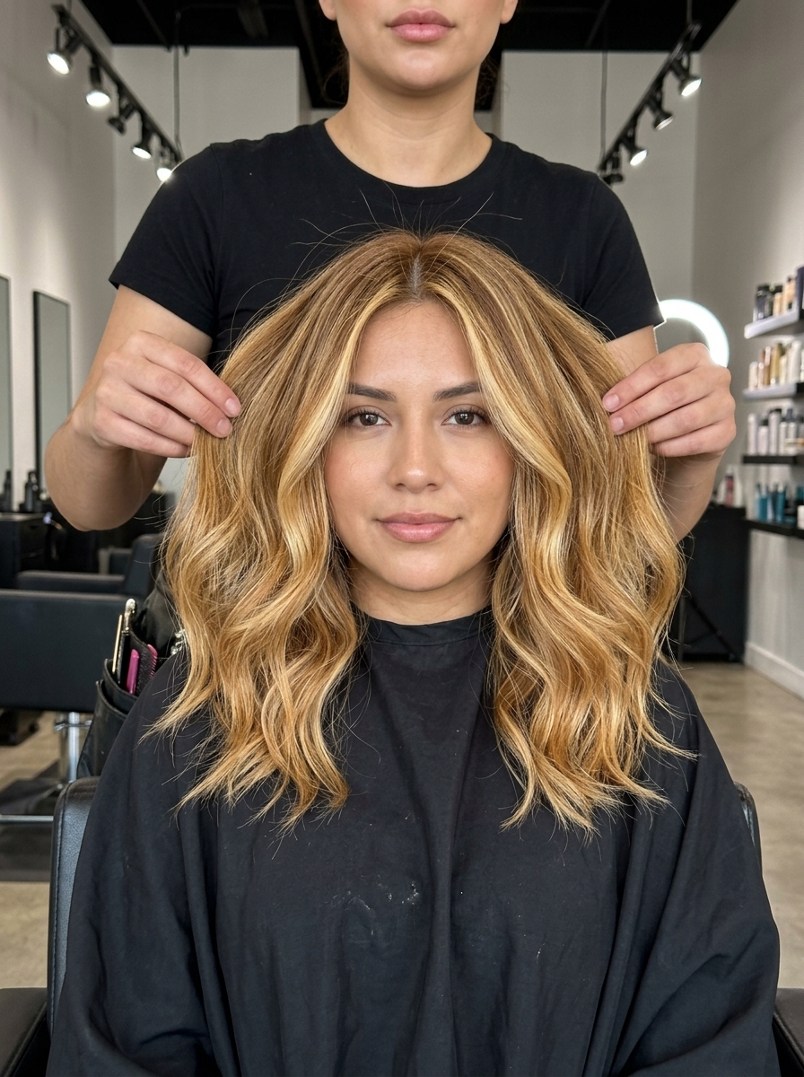 long wavy honey blonde with high-contrast face frame and subtle amber ribbons