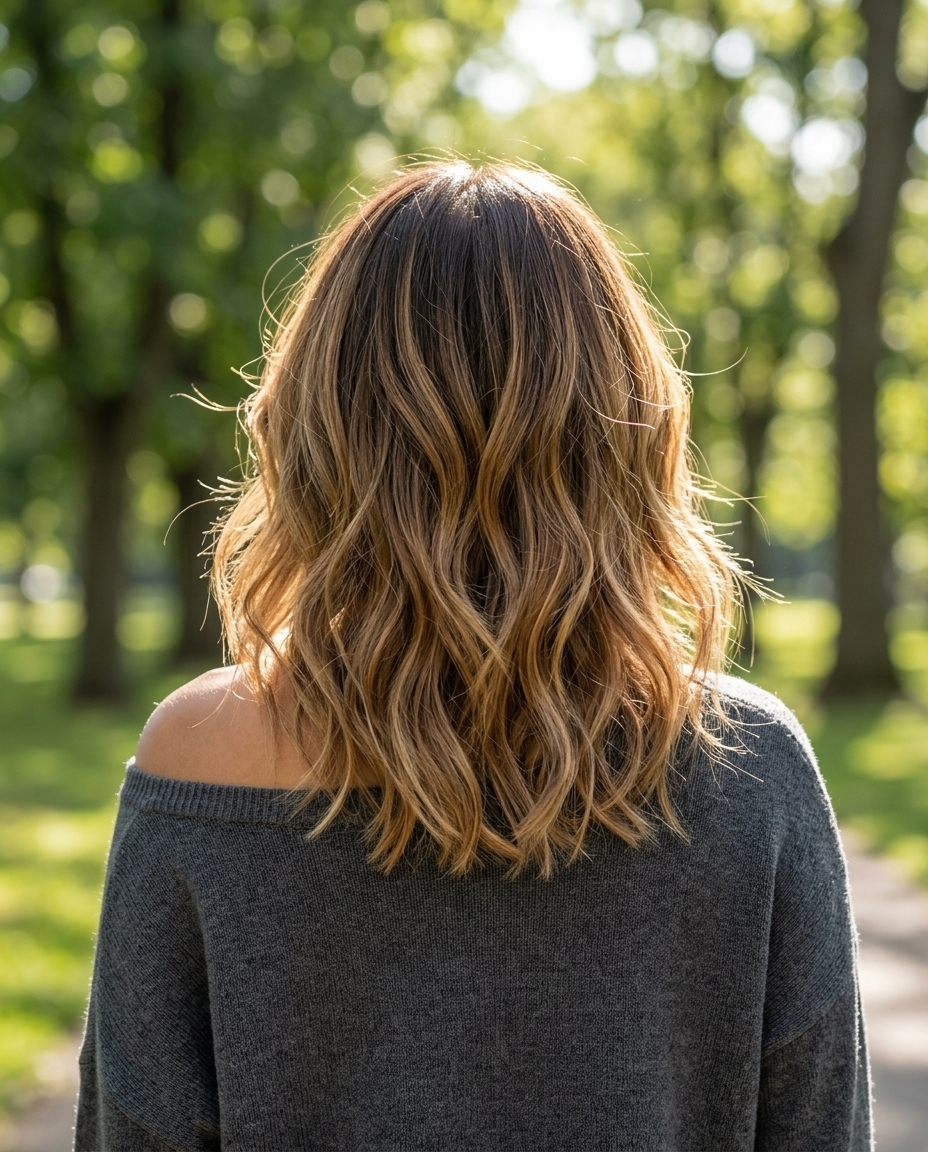 Golden Honey Wolf Cut 2026 medium layered wolf cut in golden honey balayage with caramel accents for summer