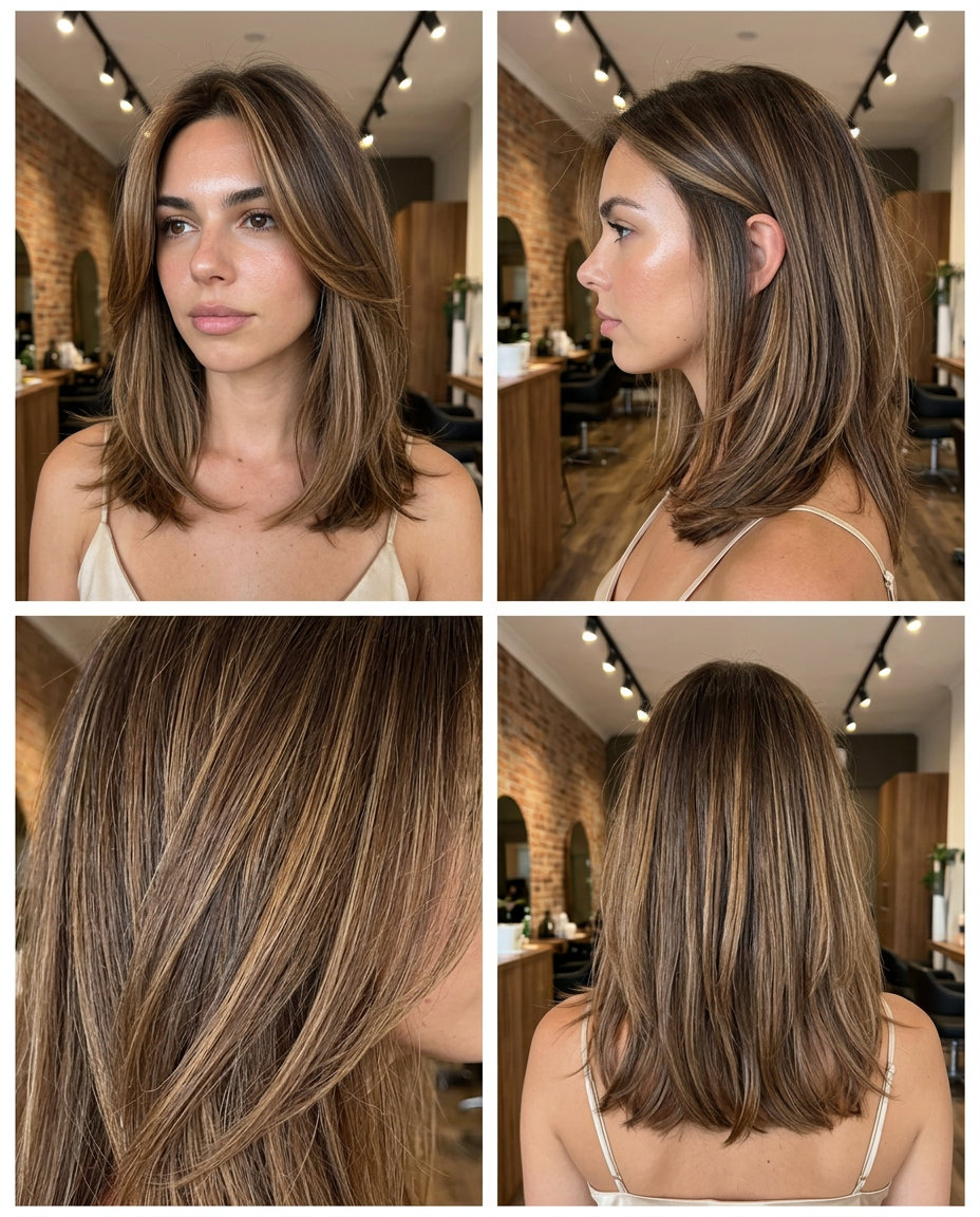 Sun-Kissed Mocha Balayage 2026: Effortless Brunette long layered mocha hair color with golden mocha balayage, face-framing pieces — effortless beach vacation look