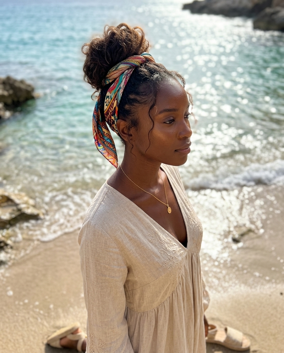 Boho Scarf Bun with Honey Amber 2026 long textured bun with honey amber melt and scarf wrap for summer