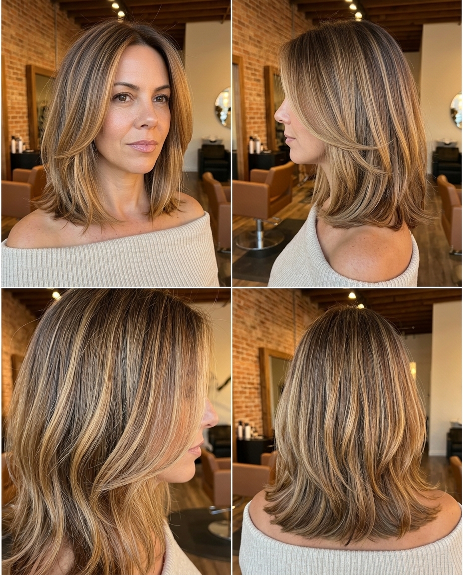 shoulder-length bob haircut with honey balayage and face-framing pieces