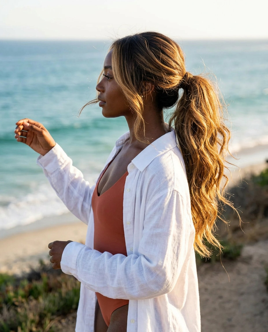 long warm honey blonde balayage ponytail with caramel highlights and face-framing pieces for playful beach days