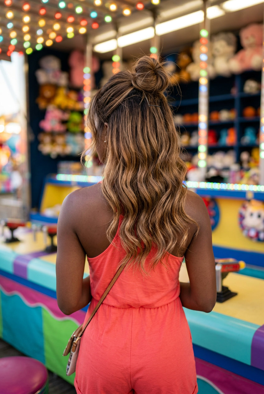 Chic Top Knot: Trendy Summer Hairstyles 2026 long warm honey blonde half-up top knot with loose waves, dimensional color — trendy summer hairstyle 2026