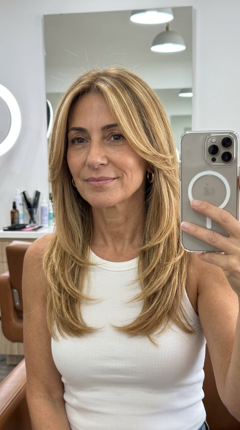 long honey blonde layered haircut with golden babylights and face-framing layers for elegant look